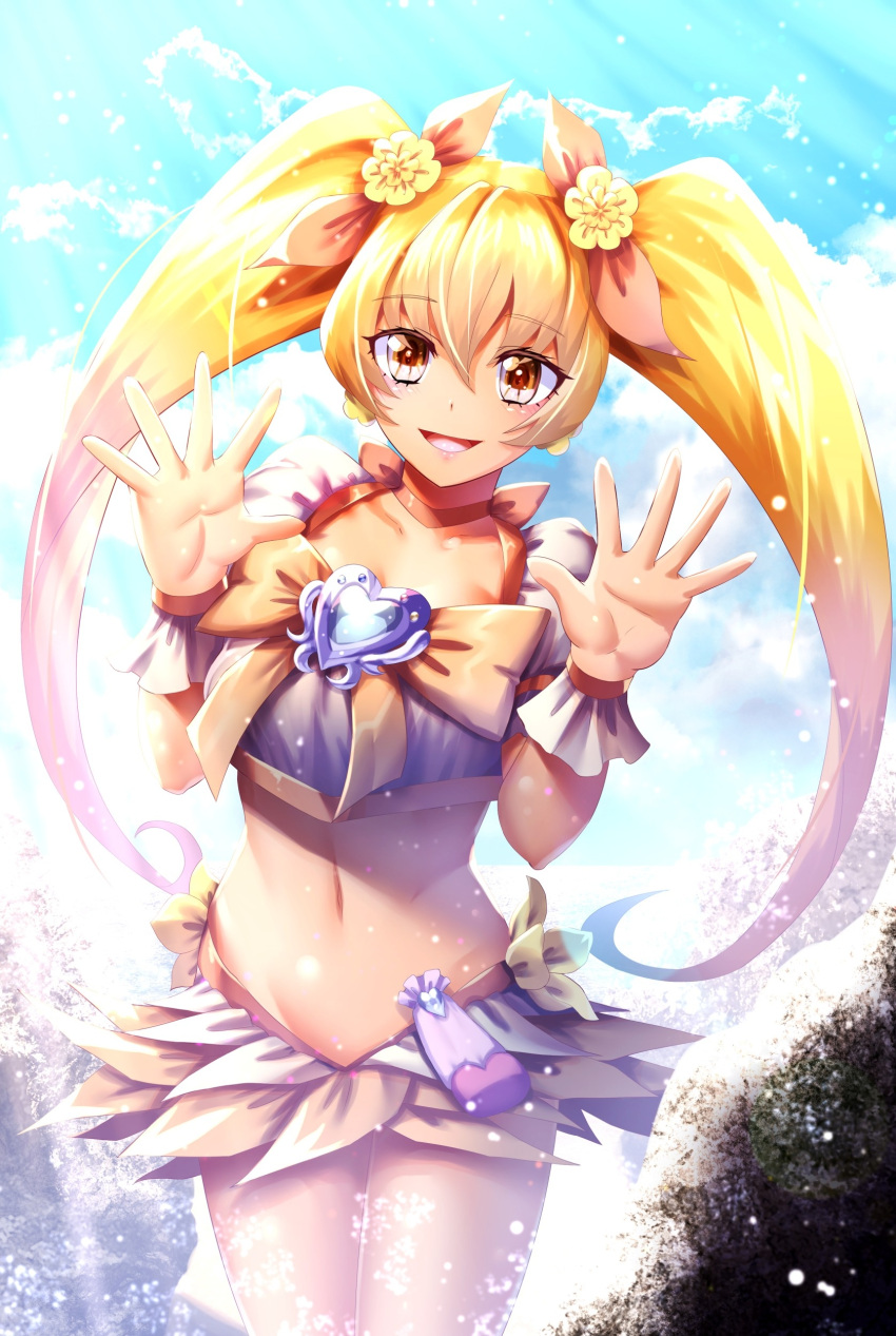 1girl :d absurdres bangs bare_legs blonde_hair bow bowtie brown_eyes choker collarbone cowboy_shot crop_top cure_sunshine curecycadura earrings eyebrows_visible_through_hair floating_hair flower groin hair_between_eyes hair_bow hair_flower hair_ornament heartcatch_precure! highres jewelry layered_skirt long_hair looking_at_viewer midriff miniskirt navel orange_bow orange_bowtie orange_choker outstretched_hand precure shiny shiny_hair short_sleeves skirt smile solo standing stomach twintails very_long_hair white_skirt wrist_cuffs yellow_flower yellow_skirt