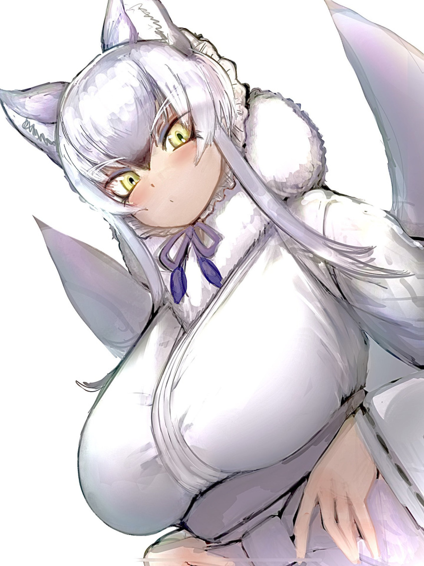 1girl alternate_breast_size animal_ear_fluff animal_ears bangs black_hair bow breasts closed_mouth dutch_angle eyebrows_visible_through_hair eyes_visible_through_hair fur_collar hair_between_eyes highres huge_breasts japanese_clothes kemono_friends kimono long_sleeves looking_at_viewer makami_(kemono_friends) multiple_tails shibori_kasu simple_background sketch solo tail tsurime two-tone_background upper_body white_background white_hair wolf_ears wolf_girl wolf_tail yellow_eyes