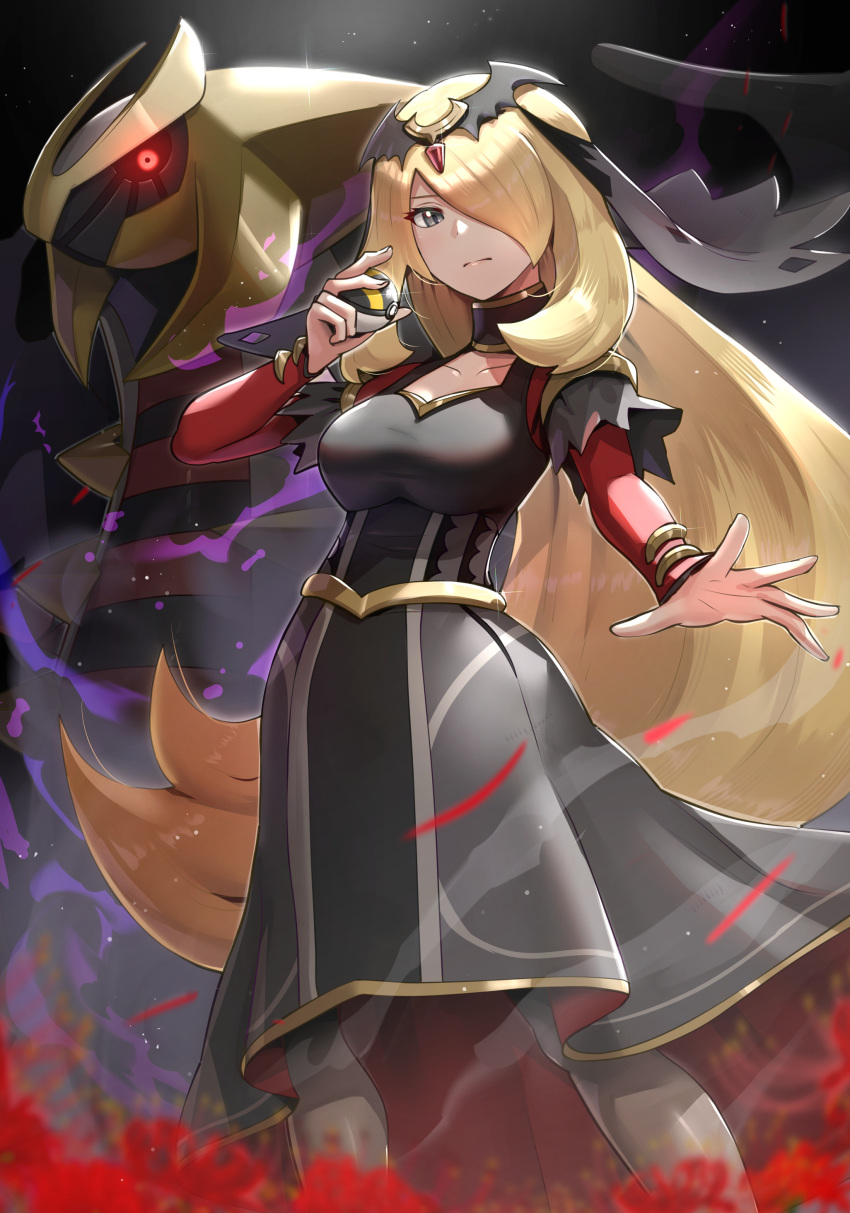 1girl absurdres black_dress blonde_hair breasts closed_mouth commentary cynthia_(pokemon) dress giratina gold_trim gonzarez grey_eyes hair_over_one_eye hand_up highres holding holding_poke_ball jewelry long_hair long_sleeves looking_at_viewer medium_breasts neck_ring official_alternate_costume open_hand poke_ball pokemon pokemon_(game) pokemon_masters_ex solo tiara ultra_ball veil very_long_hair