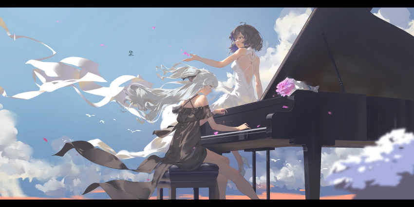 2girls absurdres ahoge bare_arms bare_legs black_dress black_hair blue_hair blue_sky bouquet bronya_zaychik clouds colored_inner_hair commentary_request dated day dress floating_hair flower half_updo high_heels highres honkai_(series) honkai_impact_3rd instrument long_hair looking_away multicolored_hair multiple_girls music off-shoulder_dress off_shoulder outdoors piano pink_flower playing_instrument ribao seele_vollerei short_hair signature silver_hair sitting sitting_on_piano sky sleeveless sleeveless_dress white_dress white_footwear