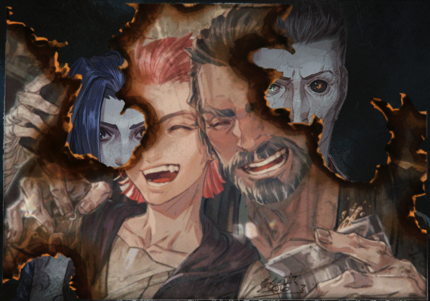 2boys 2girls :d arcane:_league_of_legends asymmetrical_bangs bangs beard black_sclera blue_hair bottle closed_eyes collarbone colored_sclera commentary_request cup facial_hair fang father_and_daughter hair_slicked_back hand_on_another's_shoulder heterochromia holding holding_cup hood hood_down hooded_jacket jacket jiao_mao jinx_(league_of_legends) league_of_legends multiple_boys multiple_girls mustache open_mouth pink_hair portrait scar scar_across_eye shiny shiny_hair short_hair signature silco_(arcane) smile teeth tongue vander_(arcane) vi_(league_of_legends) younger