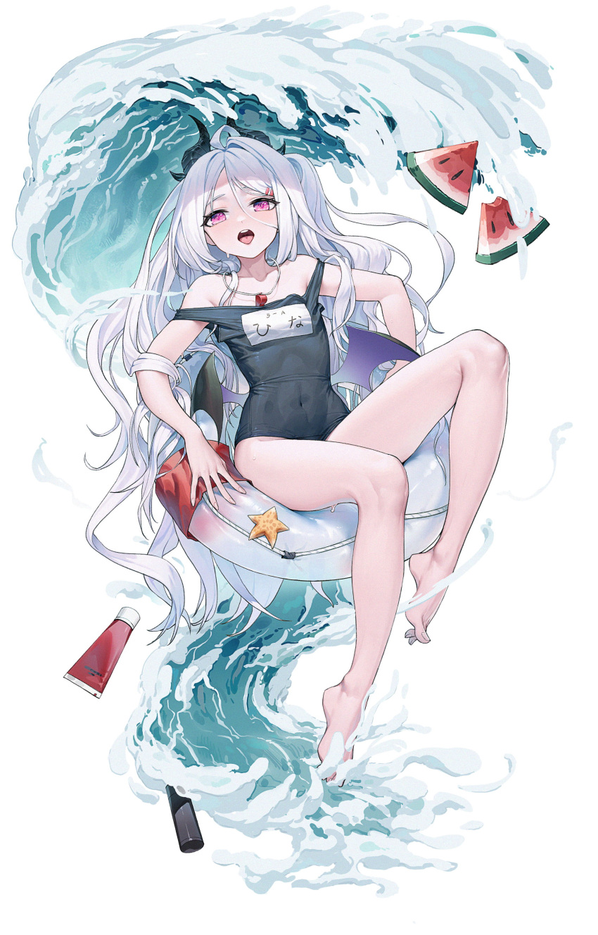 1girl absurdres ahoge bangs bare_legs bare_shoulders barefoot blue_archive blush bottle covered_navel feet food fruit full_body gua61 hair_ornament highres hina_(blue_archive) horns lifebuoy long_hair name_tag one-piece_swimsuit open_mouth silver_hair sitting solo strap_slip swimsuit tongue tongue_out very_long_hair violet_eyes water watermelon whistle whistle_around_neck wings