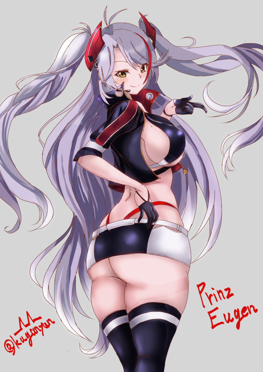 1girl artist_name ass azur_lane belt black_legwear breasts character_name checkered_flag clothing_cutout cropped_shirt earpiece flag gloves half_gloves headgear highres jacket kuga_zankurou large_breasts light_purple_hair long_hair looking_at_viewer looking_back mole mole_on_breast multicolored_hair official_alternate_costume panties panty_straps prinz_eugen_(azur_lane) prinz_eugen_(final_lap)_(azur_lane) purple_jacket racequeen red_panties redhead solo streaked_hair thigh-highs two-tone_hair two-tone_skirt under_boob underboob_cutout underwear very_long_hair white_belt yellow_eyes