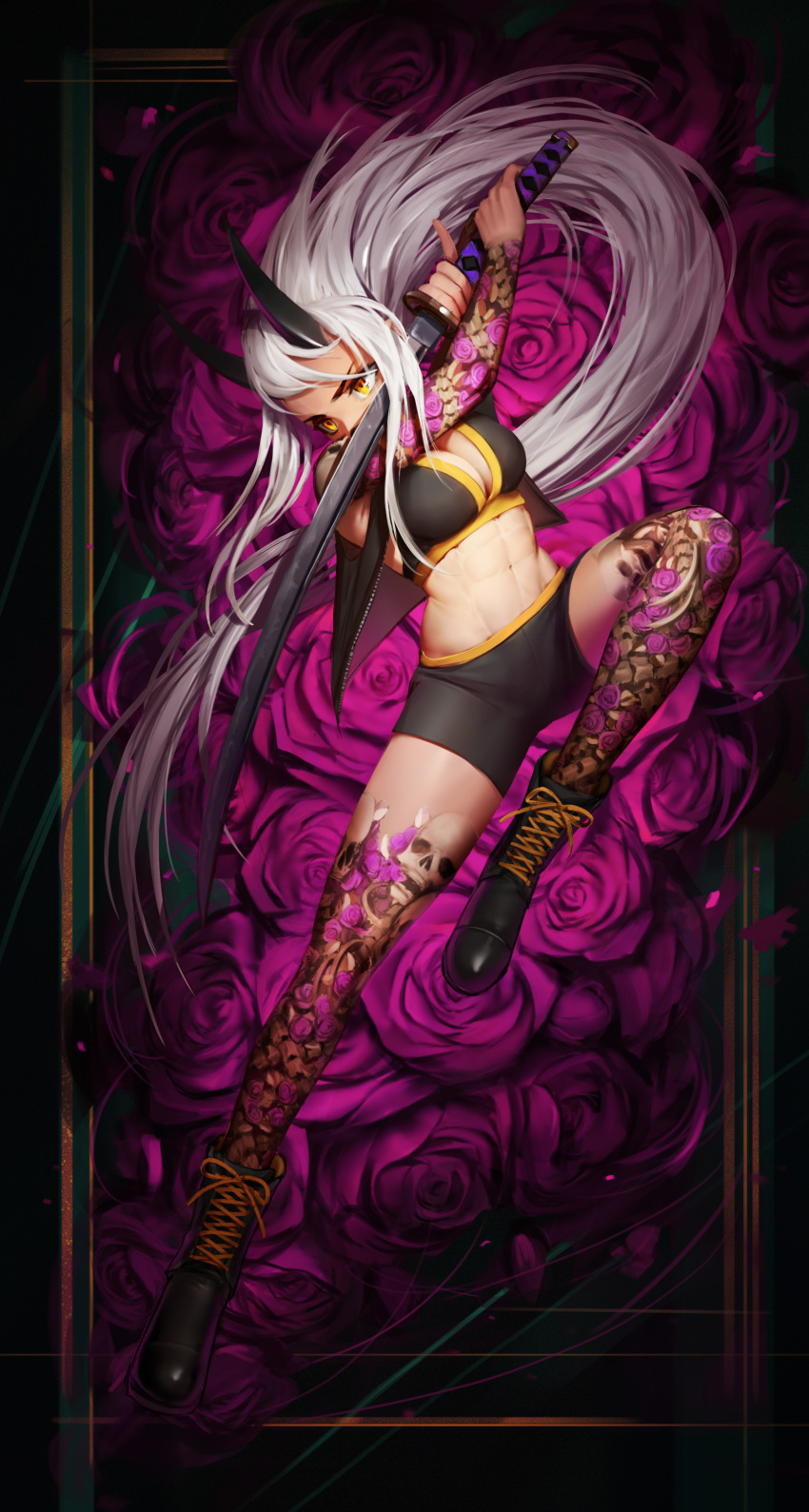 1girl abs absurdres bangs boots flower highres holding holding_sword holding_weapon horns jacket katana long_hair looking_away midriff numanoan oni oni_horns open_clothes open_jacket original rose shorts skull solo sports_bra sword tattoo very_long_hair weapon white_hair yellow_eyes