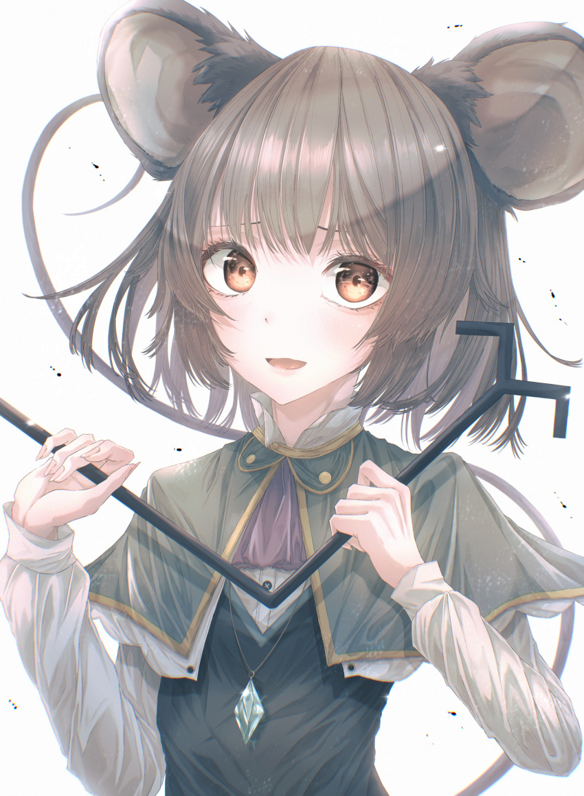 1girl absurdres animal_ears capelet dowsing_rod flat_chest grey_hair highres holding holding_stick jewelry looking_at_viewer mouse_ears mouse_tail nazrin open_mouth pendant red_eyes short_hair simple_background smile solo stick tail touhou tqg_07 upper_body white_background