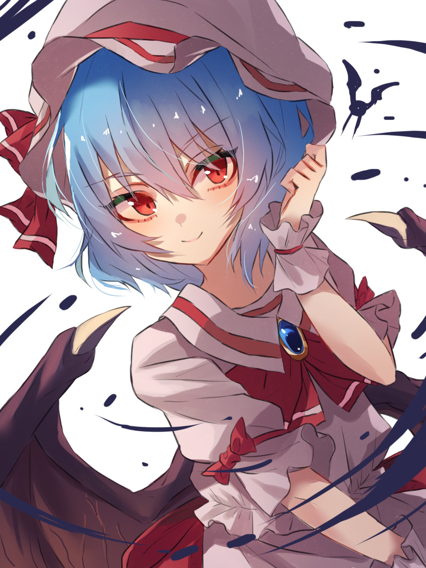 1girl ascot bangs bat_wings blue_hair closed_mouth eyebrows_visible_through_hair hair_between_eyes hat hat_ribbon highres katsukare looking_at_viewer mob_cap red_ascot red_eyes red_ribbon remilia_scarlet ribbon short_hair short_sleeves simple_background smile solo touhou upper_body white_background white_headwear wings wrist_cuffs