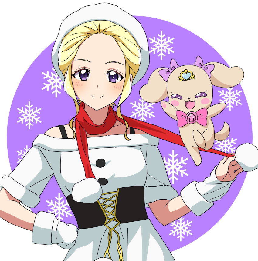 1girl alternate_hairstyle blonde_hair christmas commentary dog dress dress_straps fuurin_asumi gloves hair_up half_gloves hand_on_hip hat healin'_good_precure highres kousuke0912 latte_(precure) looking_at_viewer off-shoulder_dress off_shoulder open_mouth precure red_scarf scarf short_sleeves sidelocks smile snowflake_background solo upper_body violet_eyes white_dress white_gloves white_headwear