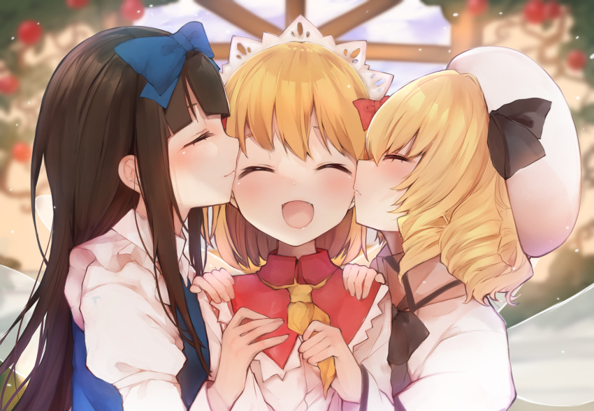 3girls ascot blonde_hair blue_ribbon blush brown_hair closed_eyes collared_shirt commentary_request drill_hair fairy_wings fang hair_between_eyes hair_ribbon hand_on_another's_shoulder happy hat hat_ribbon headdress highres karasusou_nano kiss kissing_cheek lips long_hair luna_child mob_cap multiple_girls open_mouth puffy_short_sleeves puffy_sleeves red_ribbon ribbon shirt short_hair short_sleeves star_sapphire sunny_milk touhou wings yuri