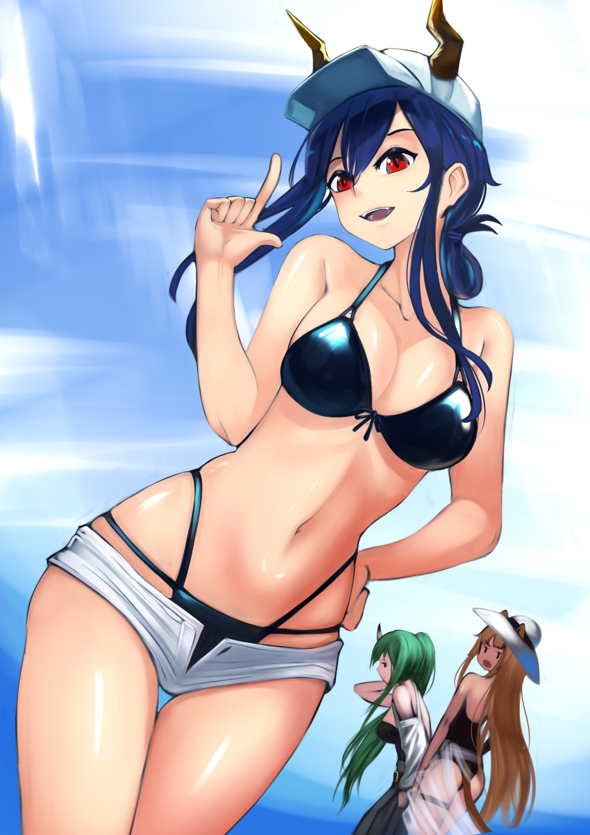 3girls :d absurdres arknights ass bangs bare_arms bare_shoulders baseball_cap bikini black_bikini blue_hair blue_sky breasts brown_hair ch'en_(arknights) ch'en_the_holungday_(arknights) cloverse6 cowboy_shot dragon_horns green_hair hand_up hat highleg highleg_bikini highres horns hoshiguma_(arknights) index_finger_raised long_hair looking_at_viewer medium_breasts micro_shorts multiple_girls navel open_fly outdoors red_eyes shorts sidelocks sky smile standing stomach swimsuit swire_(arknights) thighs very_long_hair white_headwear white_shorts