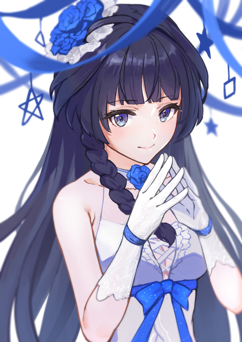 1girl absurdres bangs bare_shoulders blue_eyes blue_flower blue_hair blue_ribbon blush braid breasts closed_mouth collarbone decorations dress eyebrows_visible_through_hair fingers_together flower gloves hair_flower hair_ornament highres honkai_(series) honkai_impact_3rd kai1up long_hair looking_at_viewer raiden_mei raiden_mei_(valkyrie_bladestrike) ribbon sleeveless sleeveless_dress small_breasts smile solo star_(symbol) streamers white_background white_dress white_gloves