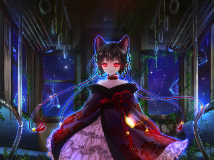 1girl animal_ears cat_ears cat_girl cat_tail choker collar dress galaxy glowing glowing_eyes highres itto_maru japanese_clothes looking_at_viewer original pale_skin red_eyes ruins sky solo star_(sky) starry_sky tail