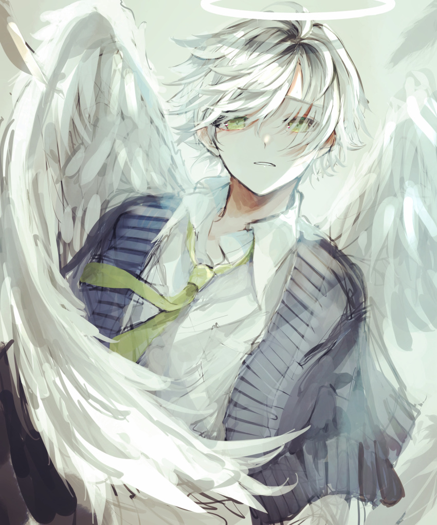 1boy absurdres angel angel_wings black_hair colored_tips green_eyes grey_hair halo highres looking_at_viewer male_focus necktie original pale_skin shirt solo u-sama_(u_summer0719) white_hair white_shirt wind wings