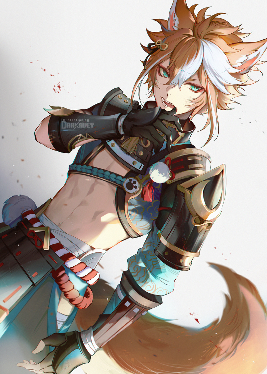 1boy animal_ears arm_guards armor artist_name bandages bangs black_gloves brown_hair darkavey dutch_angle eyeshadow fang finger_to_mouth fingerless_gloves fox_boy fox_ears fox_tail genshin_impact gloves gorou_(genshin_impact) green_eyes hair_between_eyes hair_ornament highres japanese_armor makeup multicolored_hair open_mouth stomach streaked_hair tail white_background