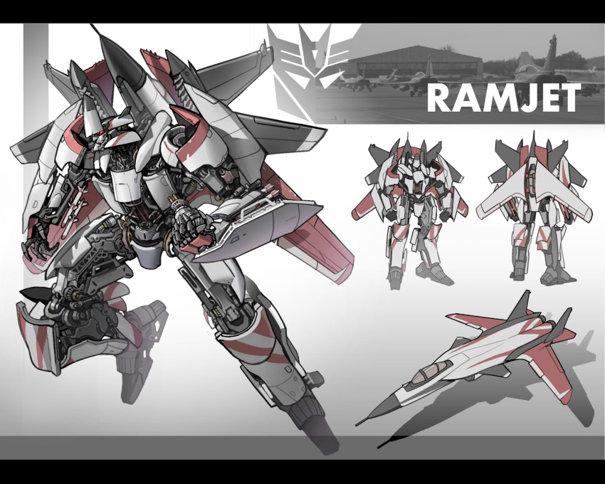 aircraft airplane character_name character_sheet clenched_hands decepticon english_commentary fighter_jet highres jet looking_ahead mecha military military_vehicle multiple_views no_humans open_hands ramjet red_eyes redesign science_fiction theamazingspino transformers