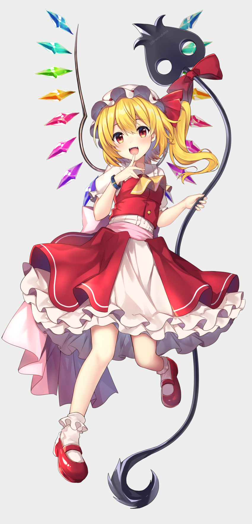 1girl absurdres ascot bangs blush breasts brown_hair collar collared_shirt commentary_request crystal dress eyebrows_visible_through_hair flandre_scarlet full_body grey_background hair_between_eyes hand_to_own_mouth hat hat_ribbon highres holding holding_weapon jewelry laevatein_(touhou) light_brown_hair looking_at_viewer medium_breasts mob_cap multicolored_wings one_side_up open_mouth puffy_short_sleeves puffy_sleeves red_dress red_eyes red_footwear red_ribbon ribbon ruhika shirt shoes short_hair short_sleeves simple_background smile socks solo standing touhou weapon white_dress white_headwear white_legwear wings yellow_ascot