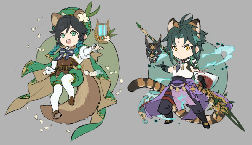 2boys animal_ears bangs bead_necklace beads black_hair blue_hair braid cape chibi closed_mouth facial_mark flower forehead_mark full_body genshin_impact gloves green_eyes green_hair green_headwear grey_background hair_between_eyes hat highres holding holding_weapon instrument jewelry long_sleeves lyre male_focus mask multiple_boys necklace open_mouth papajay_(jennygin2) petals polearm simple_background tail twin_braids venti_(genshin_impact) weapon xiao_(genshin_impact) yellow_eyes