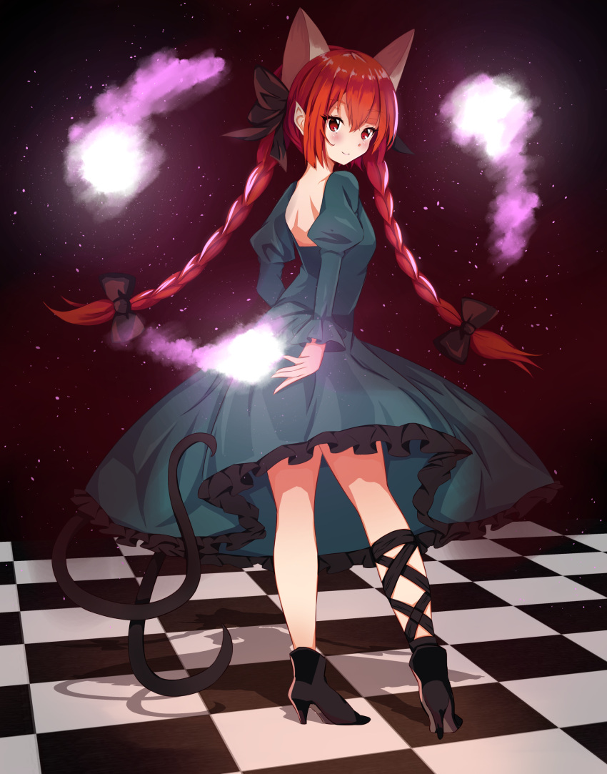 1girl absurdres animal_ears backless_outfit blush braid cat_ears cat_tail checkered_floor dress full_body green_dress high_heels highres hitodama juliet_sleeves kaenbyou_rin light_particles long_hair long_sleeves multiple_tails nekomata puffy_sleeves red_eyes redhead shanghaidoll smile solo standing tail touhou twin_braids twintails two_tails very_long_hair