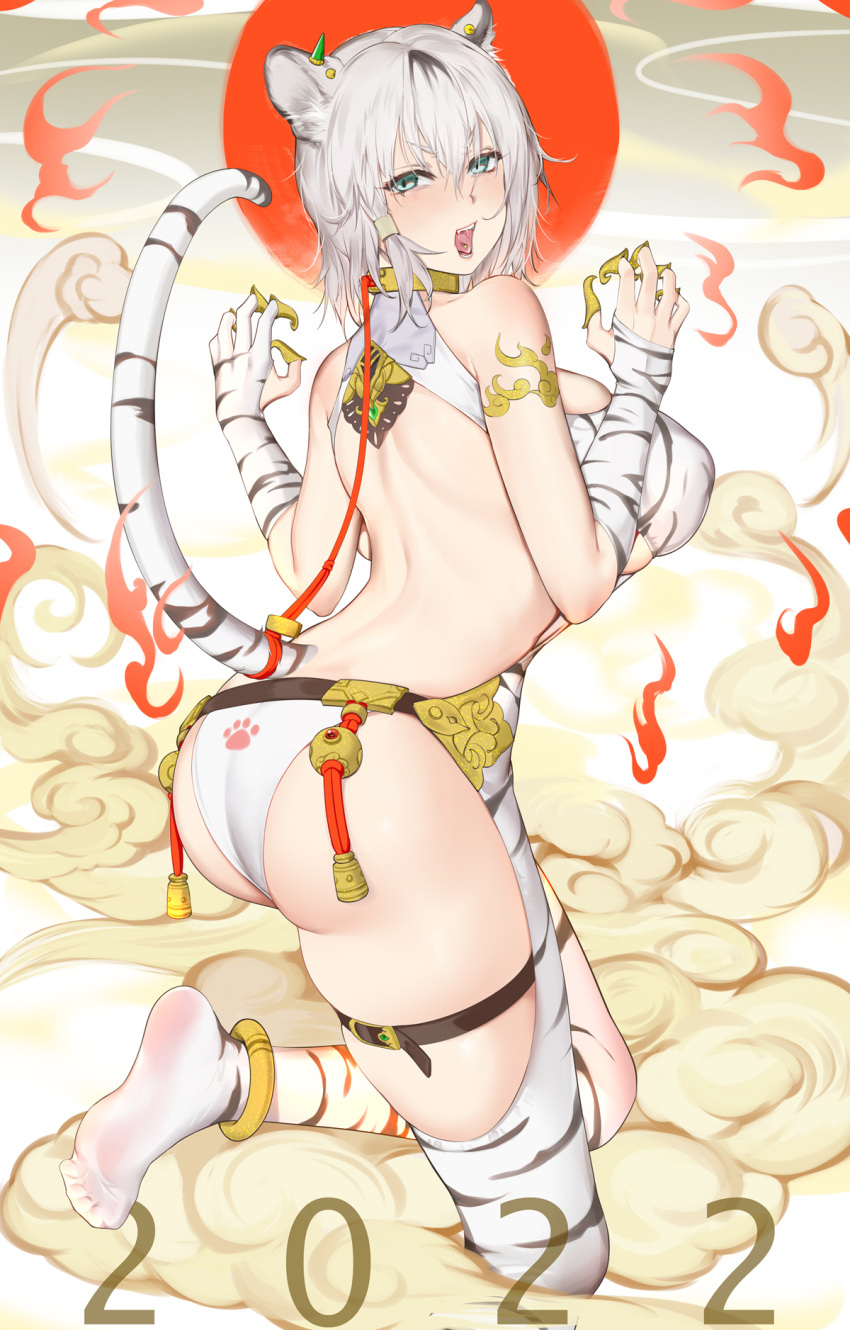 1girl animal_costume animal_ears animal_hands animal_print anklet ass au11 bare_back blue_eyes breasts chinese_zodiac feet happy_new_year highres jewelry large_breasts looking_at_viewer looking_back nengajou new_year no_bra open_mouth original silver_hair soles tail tiger_costume tiger_ears tiger_girl tiger_paws tiger_print tiger_tail year_of_the_tiger