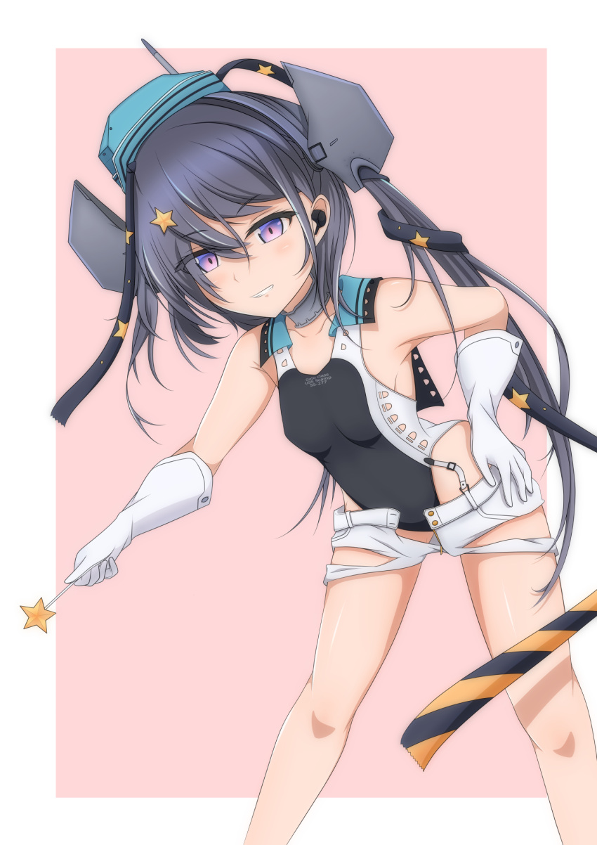 1girl aqua_headwear bell_shireikan black_ribbon black_swimsuit border breasts competition_swimsuit feet_out_of_frame garrison_cap gloves grey_eyes grey_hair hair_ornament hair_ribbon hat highres kantai_collection leaning_forward long_hair one-piece_swimsuit pink_background ribbon scamp_(kancolle) short_shorts shorts side_ponytail small_breasts solo standing star_(symbol) star_hair_ornament swimsuit two-tone_background white_border white_gloves white_shorts