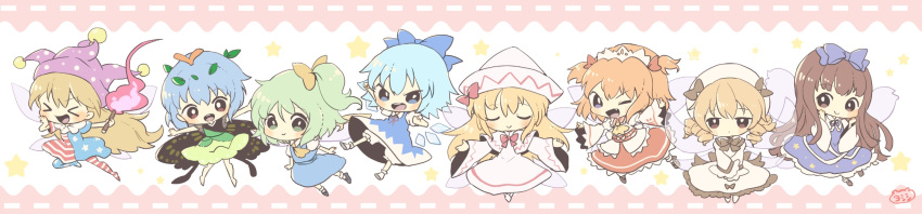 &gt;_&lt; 6+girls :d american_flag_dress american_flag_legwear antennae aqua_hair blonde_hair bloomers blue_bow blue_dress blue_hair blue_skirt blue_vest bow brown_hair butterfly_wings chibi cirno closed_eyes closed_mouth clownpiece daiyousei dress drill_hair eternity_larva fairy fairy_wings fire full_body green_hair hair_bow hair_ribbon hat headdress highres hime_cut ice ice_wings jester_cap leaf leaf_on_head lily_white long_hair looking_at_viewer luna_child multicolored_clothes multicolored_dress multiple_girls neck_ruff one_eye_closed one_side_up open_mouth orange_hair outstretched_arms ribbon shirt short_hair short_sleeves skirt skirt_set smile star_(symbol) star_sapphire sunny_milk torch touhou twintails underwear vest white_dress white_shirt wide_image wide_sleeves wings xd yellow_ribbon yoshishi_(yosisitoho)