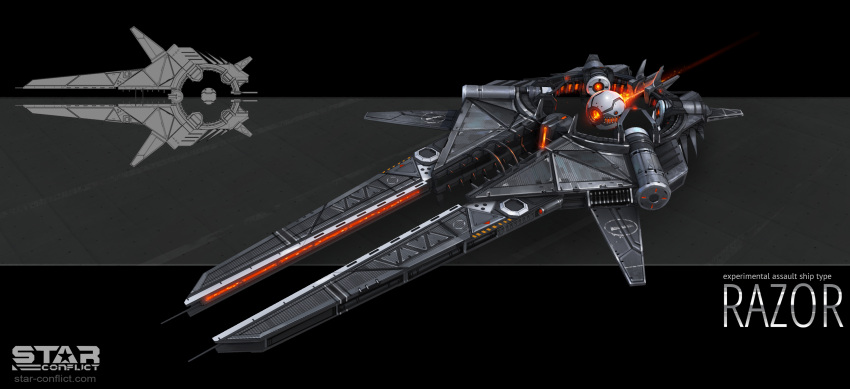 commentary concept_art drone engine english_text flying glowing highres kypcaht logo machinery mechanical military military_vehicle no_humans realistic science_fiction shadow space_craft star_conflict starfighter vehicle_focus