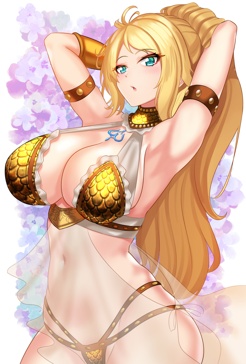 1girl absurdres aqua_eyes armlet armor armpits arms_behind_head arms_up bangs bikini_armor blonde_hair blush bracelet breasts cowboy_shot highres jewelry large_breasts long_hair looking_at_viewer navel nez-box original parted_bangs parted_lips ponytail solo studded_armlet