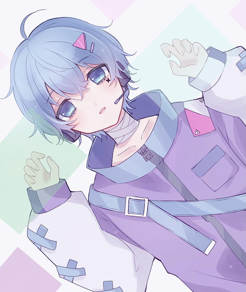 1boy androgynous arms_up bandages blue_eyes blue_hair blush cyokomilk0901 hair_ornament hairclip headphones highres jacket long_sleeves male_focus microphone original pale_skin solo solo_focus stitches