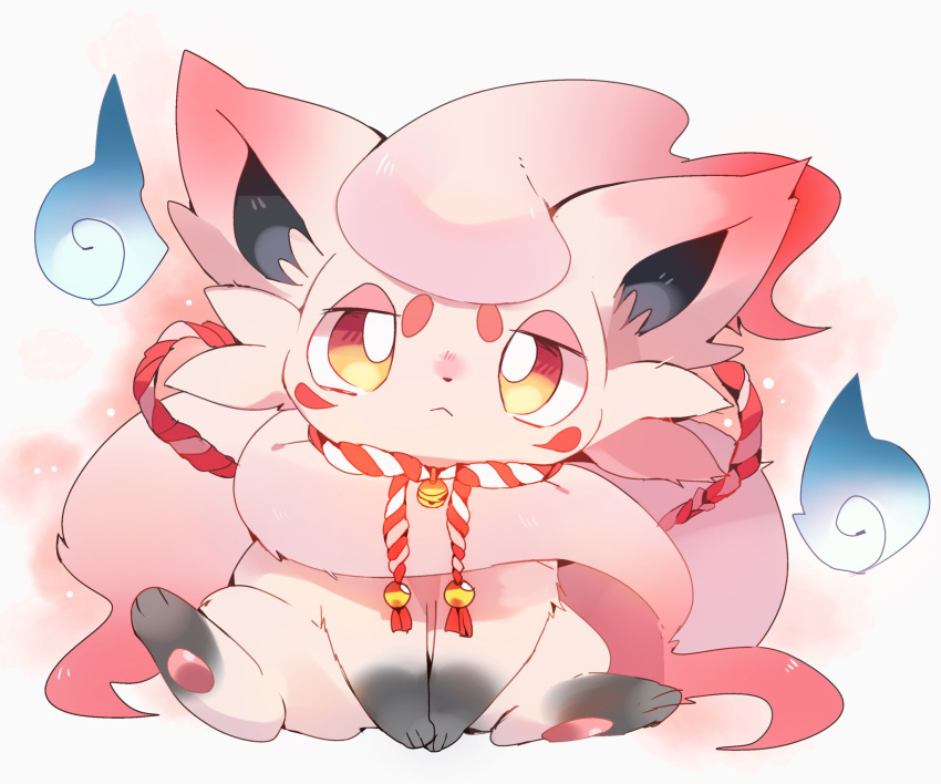 :&lt; bell bright_pupils closed_mouth commentary_request highres hisuian_zorua no_humans orange_eyes pokemon pokemon_(creature) rope sitting solo white_pupils yupo_0322
