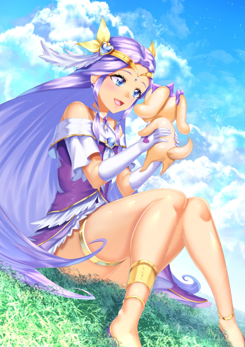 1girl :d absurdres animal anklet bare_legs barefoot blue_eyes blue_sky bow circlet clouds cure_earth curecycadura day dog dress earrings elbow_gloves floating_hair gloves grass hair_bow hair_intakes hair_ornament healin'_good_precure heart heart_hair_ornament highres holding holding_animal jewelry latte_(precure) long_hair off-shoulder_dress off_shoulder outdoors precure purple_dress purple_hair shiny shiny_hair short_dress sitting skindentation sky smile thighlet very_long_hair white_gloves yellow_bow