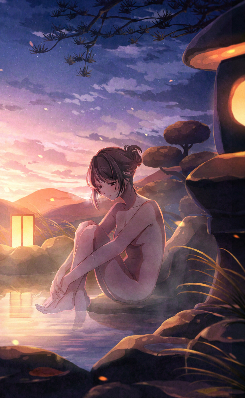 1girl absurdres barefoot blush brown_eyes brown_hair closed_mouth clouds collarbone hair_bun highres lantern leg_lift long_hair looking_down mountain night nude onsen original outdoors sitting sky smile solo sunset tsujin_bohboh water