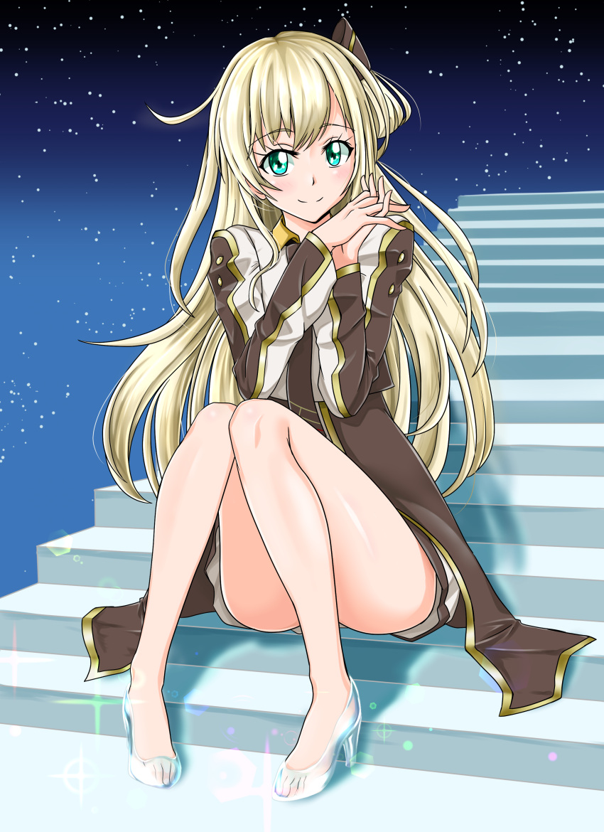 1girl arm_behind_back ayazaki bangs blonde_hair blue_background blue_eyes blurry blurry_background breasts brown_dress brown_legwear brown_neckwear collared_dress commentary_request cowboy_shot cowlick dress duel_monster eyebrows_visible_through_hair hair_ornament hand_on_own_thigh highres light_particles long_hair long_sleeves looking_at_viewer medium_breasts necktie shadow short_dress sky_striker_ace_-_raye smile solo sparkle thigh-highs two-tone_background two-tone_dress white_dress yu-gi-oh! yuu-gi-ou