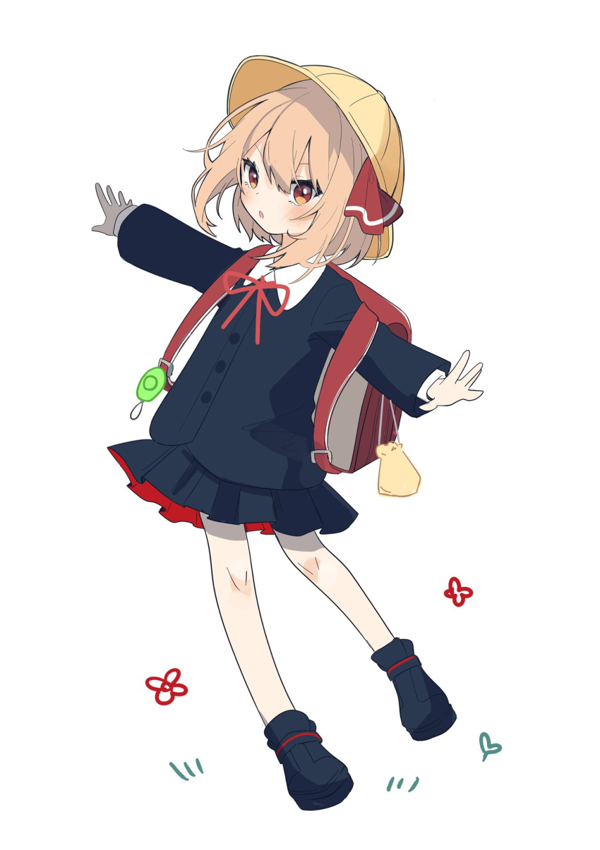1girl alternate_costume backpack bag bangs black_footwear black_jacket black_skirt blonde_hair eyebrows_visible_through_hair full_body hair_ribbon hat highres jacket long_sleeves looking_at_viewer open_mouth outstretched_arms pleated_skirt red_bag red_eyes red_ribbon ribbon rumia sabatuki school_hat school_uniform short_hair simple_background skirt solo touhou white_background yellow_headwear