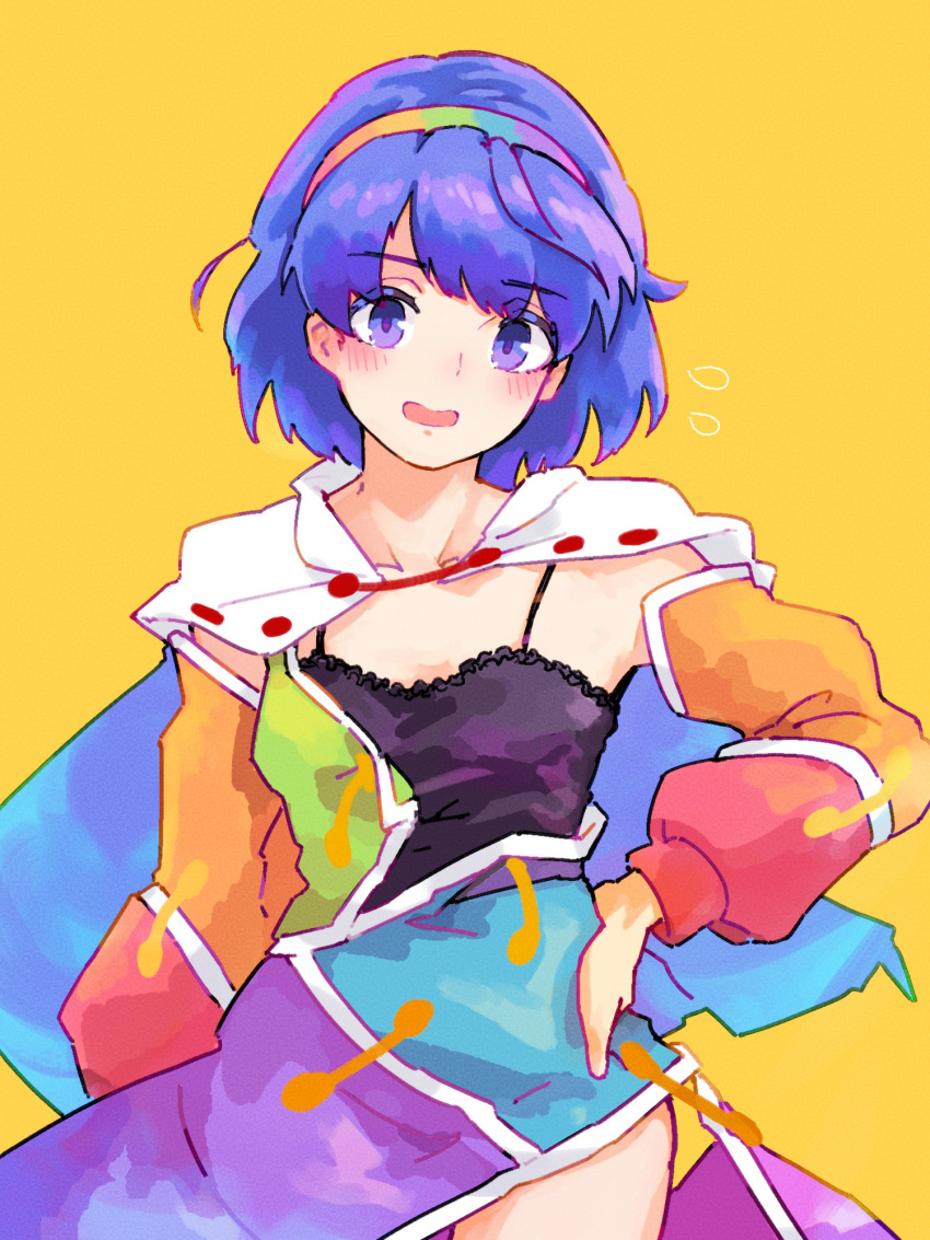 1girl bangs black_camisole blue_eyes blue_hair blush breasts camisole cape collarbone commentary_request eyebrows_visible_through_hair highres long_sleeves multicolored_clothes multicolored_hairband open_mouth patchwork_clothes rainbow_gradient short_hair simple_background sky_print small_breasts spaghetti_strap tenkyuu_chimata touhou unzipped wasabisuke yellow_background zipper