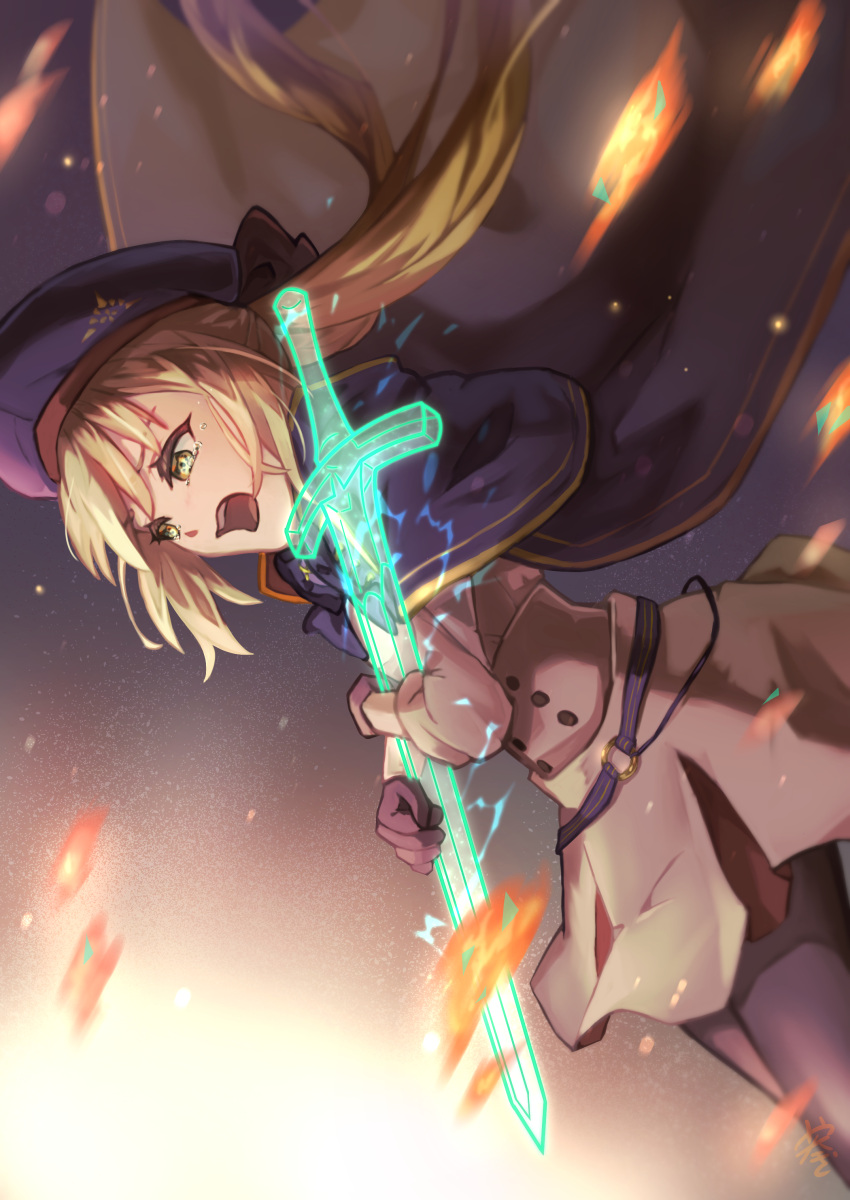 1girl artoria_pendragon_(caster)_(fate) artoria_pendragon_(fate) bangs black_gloves black_legwear blonde_hair bow bowtie breasts cloak clouds dusk eyebrows_behind_hair eyebrows_visible_through_hair fate/grand_order fate_(series) from_below gloves green_eyes hair_between_eyes hat highres long_hair ponytail ribbon solo thigh-highs yanagi_matcha