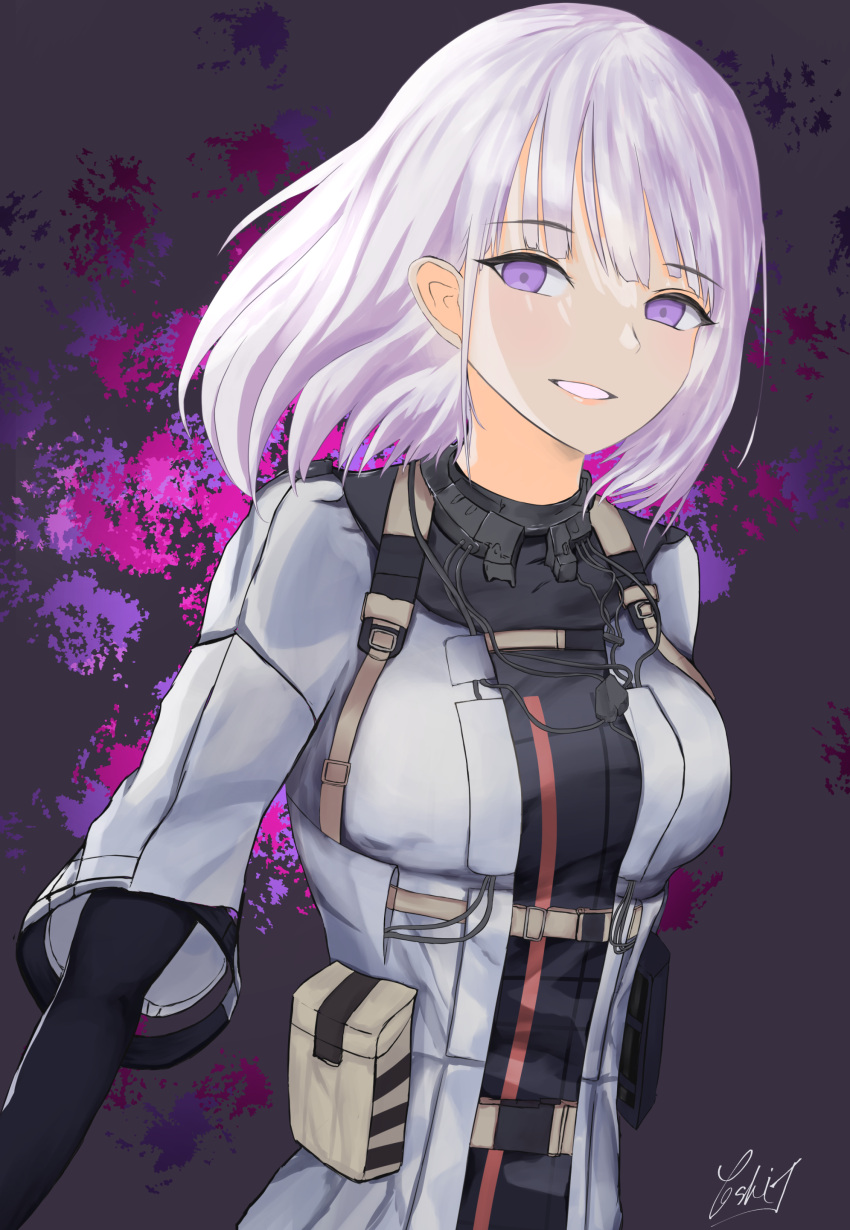 1girl absurdres artist_name bangs black_bodysuit bodysuit breasts eyebrows_visible_through_hair girls_frontline highres lips looking_at_viewer medium_breasts rpk-16_(girls'_frontline) short_hair silver_hair smile solo tactical_clothes teeth upper_body violet_eyes yoshi-j