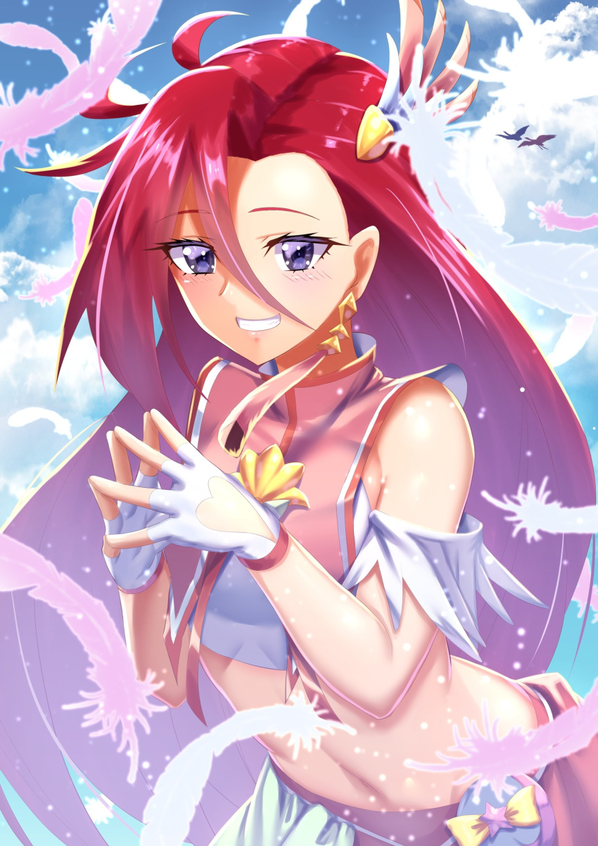 1girl absurdres bangs blue_eyes blush clothing_cutout crop_top cure_flamingo curecycadura earrings eyebrows_visible_through_hair fingerless_gloves gloves grin hair_between_eyes heart_cutout highres jewelry leaning_forward long_hair midriff navel pink_sailor_collar precure redhead sailor_collar shiny shiny_hair sleeveless smile solo standing stomach tropical-rouge!_precure very_long_hair white_gloves