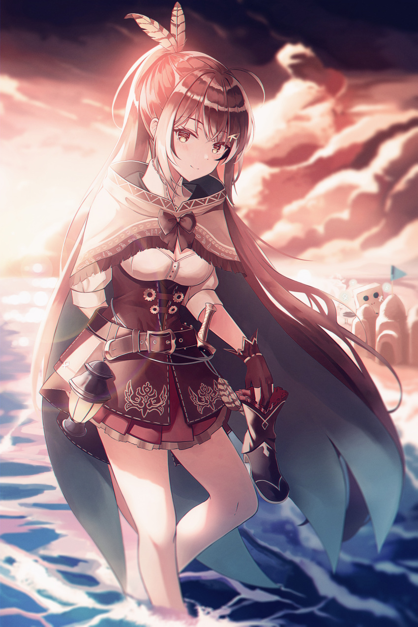 1girl absurdres ahoge arm_behind_back bare_legs beach belt blush boots boots_removed brown_eyes brown_hair cape capelet cloak clouds cloudy_sky corset dagger feathers fingerless_gloves flag friend_(nanashi_mumei) gloves hair_ornament hieroglyphics highres hololive hololive_english knife lantern long_hair looking_at_viewer nanashi_mumei ocean ponytail pouch red_sky ribbon sand_castle sand_sculpture shirt sion_(im10042m) skirt sky smile sunlight sunset weapon white_shirt