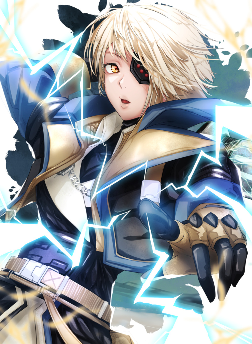 1girl apex_legends bangs belt black_jacket blonde_hair brown_belt brown_gloves deep_current_wattson electricity eyepatch gloves highres hirome99 jacket looking_to_the_side official_alternate_costume one_eye_covered open_mouth pointing pointing_at_viewer short_hair solo wattson_(apex_legends) white_background