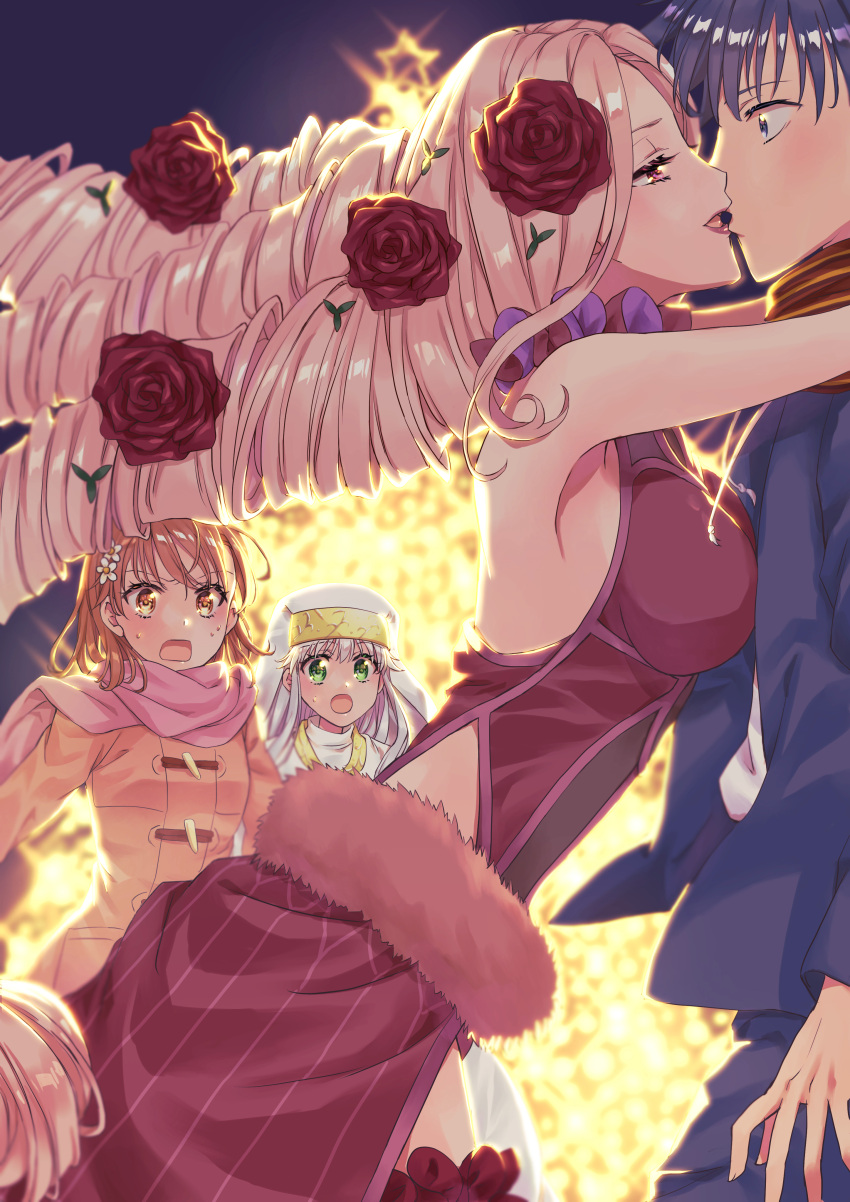 1boy 3girls absurdres ayuko_(ayuko54bornthisway) black_eyes black_hair blonde_hair blue_jacket breast_press breasts brown_coat brown_hair character_request coat dress drill_hair flower from_side green_eyes hair_flower hair_ornament half-closed_eyes highres imminent_kiss index_(toaru_majutsu_no_index) jacket kamijou_touma large_breasts long_hair long_sleeves misaka_mikoto multiple_girls open_clothes open_jacket open_mouth pink_scarf red_dress red_eyes red_lips scarf shiny shiny_hair short_hair side_slit silver_hair sleeveless sleeveless_dress striped striped_dress sweatdrop toaru_majutsu_no_index veil vertical-striped_dress vertical_stripes very_long_hair white_dress white_flower yellow_eyes