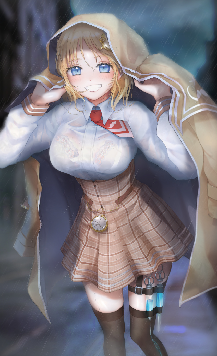 1girl absurdres blonde_hair blue_eyes bra breasts coat coat_on_shoulders collared_shirt grin hair_ornament hands_up high-waist_skirt highres hololive hololive_english hood hood_up hooded_coat kneehighs large_breasts long_sleeves looking_at_viewer medium_hair miniskirt monocle_hair_ornament necktie nelly_(altsarespicy) outdoors over-kneehighs plaid plaid_skirt pocket_watch rain raincoat see-through shirt short_necktie skirt smile solo syringe syringe_holster thigh-highs underwear virtual_youtuber watch water watson_amelia wet wet_clothes wet_hair wet_shirt white_shirt wing_collar