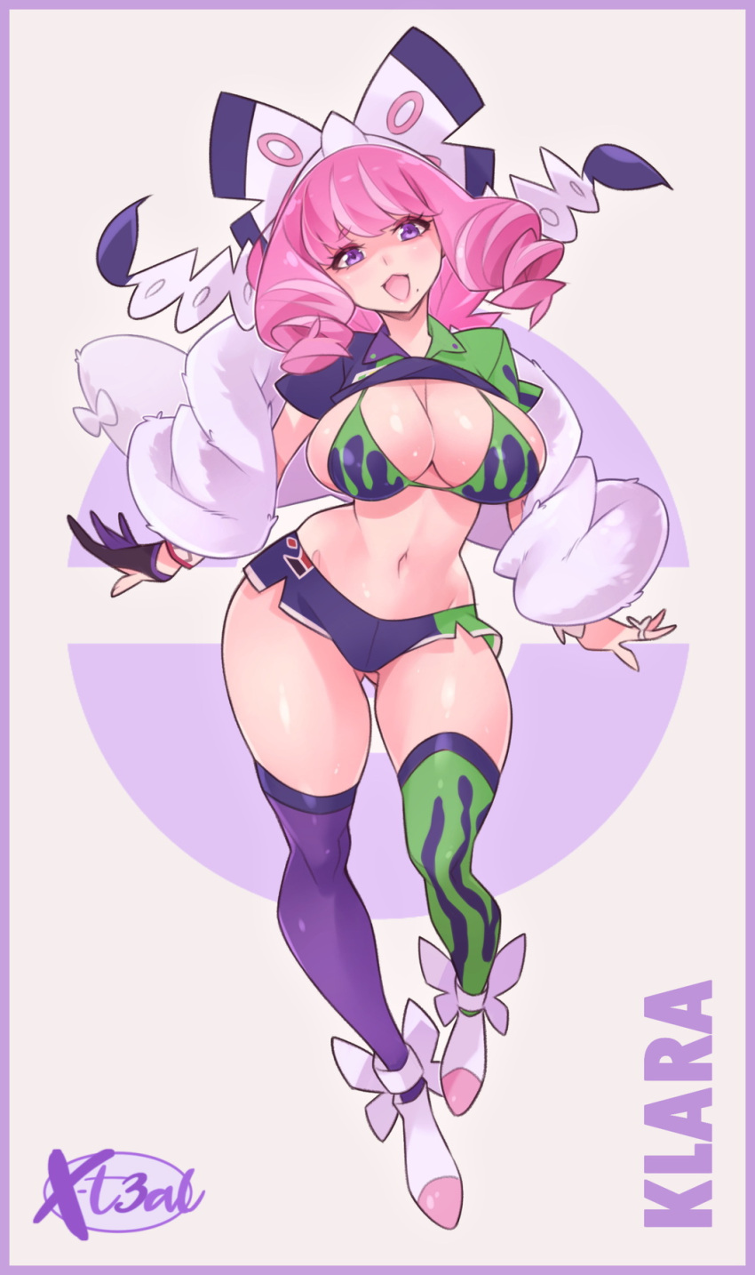 1girl ass_visible_through_thighs bow bra breasts character_name clothes_lift drill_hair full_body fur_coat gloves hair_bow highres klara_(pokemon) large_breasts navel open_mouth pink_hair poke_ball_symbol pokemon pokemon_(game) pokemon_swsh shirt_lift short_shorts shorts single_glove solo stomach thigh-highs thigh_gap underwear violet_eyes x-t3al