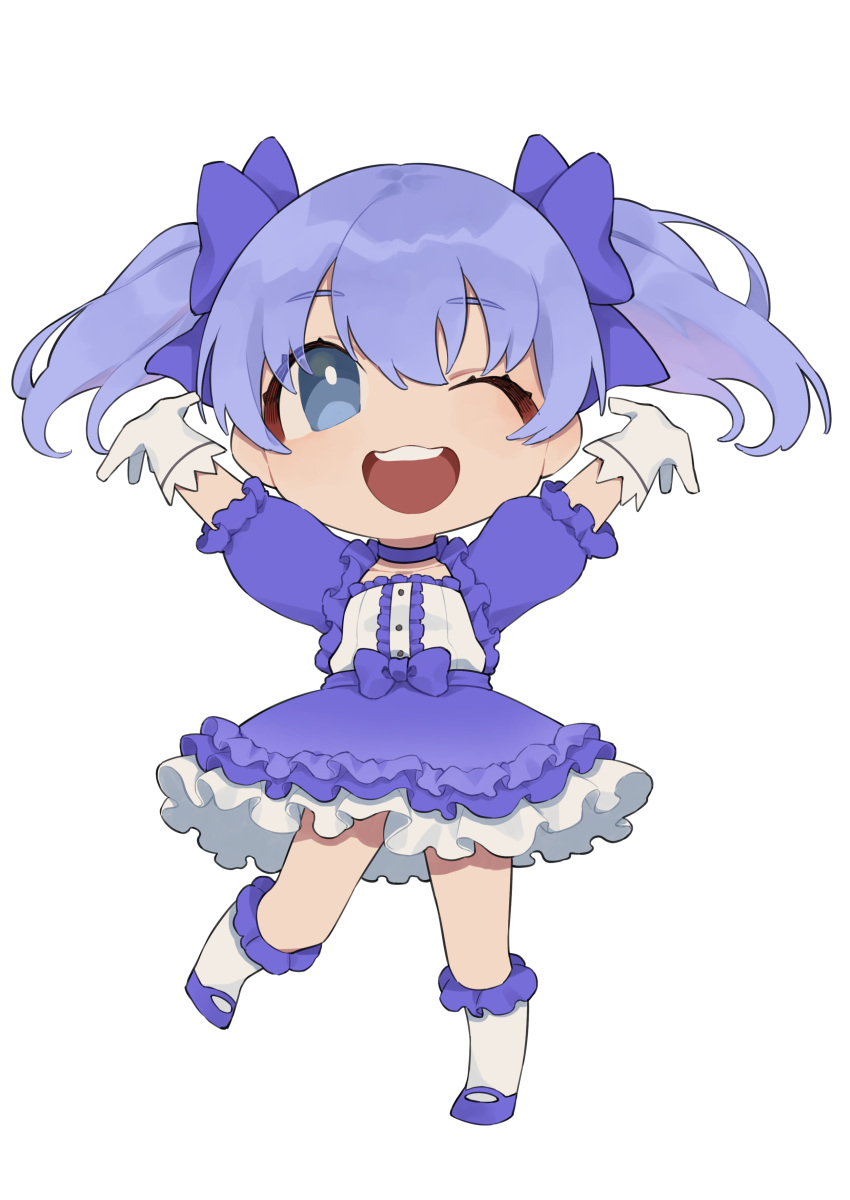 1girl absurdres arata_(user_jjxc7843) bangs blue_bow blue_dress blue_eyes blue_footwear blue_hair bow chibi dress eyebrows_visible_through_hair gloves hair_bow highres nijisanji one_eye_closed open_hands open_mouth smile solo twintails virtual_youtuber white_background white_gloves yuuki_chihiro