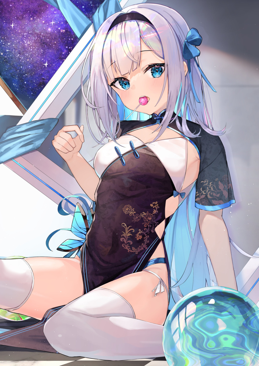 1girl absurdres armpit_peek black_dress blue_eyes bow breasts candy china_dress chinese_clothes colored_inner_hair covered_navel dress food hair_bow hairband hand_up highres kuroshiro_kanae lollipop long_hair looking_at_viewer mouth_hold multicolored_hair open_mouth orb original panties pelvic_curtain short_sleeves side-tie_panties side-tie_peek side_cutout sitting small_breasts solo string_panties thigh-highs thighs underwear very_long_hair wariza white_hair white_legwear
