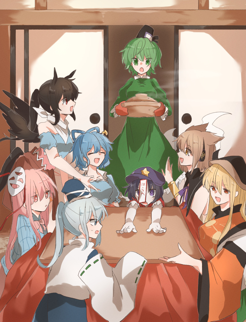 6+girls :d animal_ears bare_shoulders bracelet closed_eyes dagasitotaiyou earmuffs happy hat hat_ornament hata_no_kokoro highres holding holding_pot horse_ears indoors japanese_clothes jewelry jiangshi kaku_seiga kariginu kotatsu kurokoma_saki matara_okina miyako_yoshika mononobe_no_futo multiple_girls no_hat no_headwear outstretched_arms oven_mitts pegasus_wings pointy_hair pot sitting sleeves_past_fingers sleeves_past_wrists smile soga_no_tojiko star_(symbol) star_hat_ornament steam table tate_eboshi touhou toyosatomimi_no_miko wide_sleeves