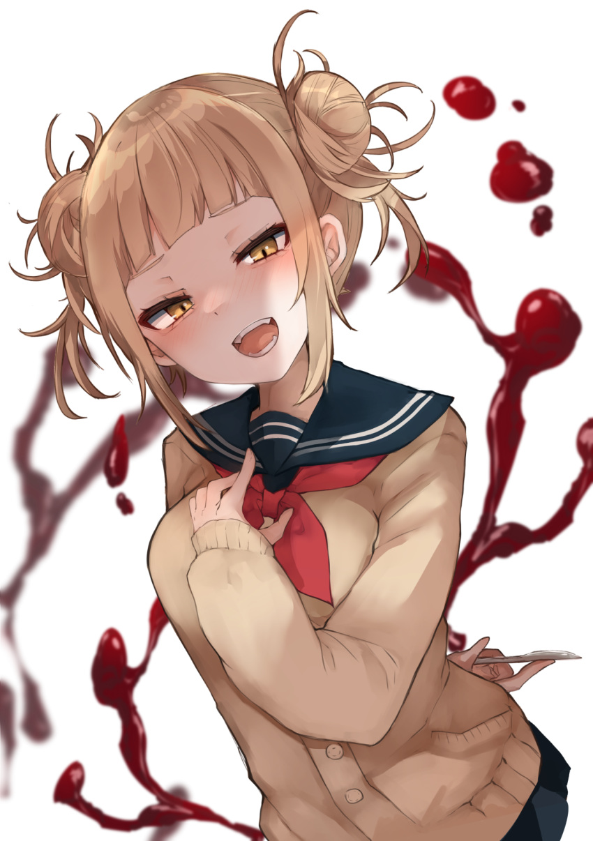 1girl bangs black_skirt blonde_hair blood blouse blush boku_no_hero_academia bow bowtie breasts brown_blouse brown_eyes buttons collar collared_blouse double_bun eyebrows_visible_through_hair fang fangs hand_up highres karasusou_nano knife long_sleeves looking_at_viewer medium_breasts multicolored_eyes open_mouth red_bow red_bowtie shaded_face short_hair simple_background skirt smile solo standing teeth toga_himiko tongue weapon white_background yellow_eyes
