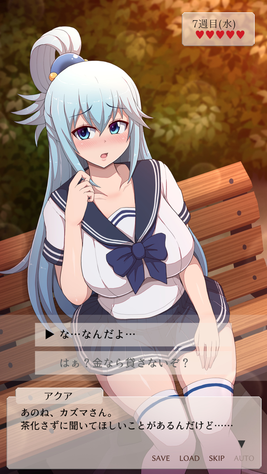 1girl absurdres alternate_costume aqua_(konosuba) bangs bench blue_bow blue_bowtie blue_eyes blue_hair bow bowtie breasts contemporary hair_ornament hair_rings highres kono_subarashii_sekai_ni_shukufuku_wo! large_breasts long_hair park_bench ponponmaru school_uniform serafuku short_sleeves sitting solo thigh-highs translation_request white_legwear