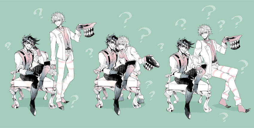 2boys ? battle_tendency blonde_hair boots caesar_anthonio_zeppeli chair facial_mark fingerless_gloves gloves hat highres holding holding_clothes holding_hat huan_li jacket jojo_no_kimyou_na_bouken joseph_joestar joseph_joestar_(young) knee_boots male_focus multiple_boys muted_color pants parody sitting striped striped_pants suspenders sweater_vest top_hat white_jacket