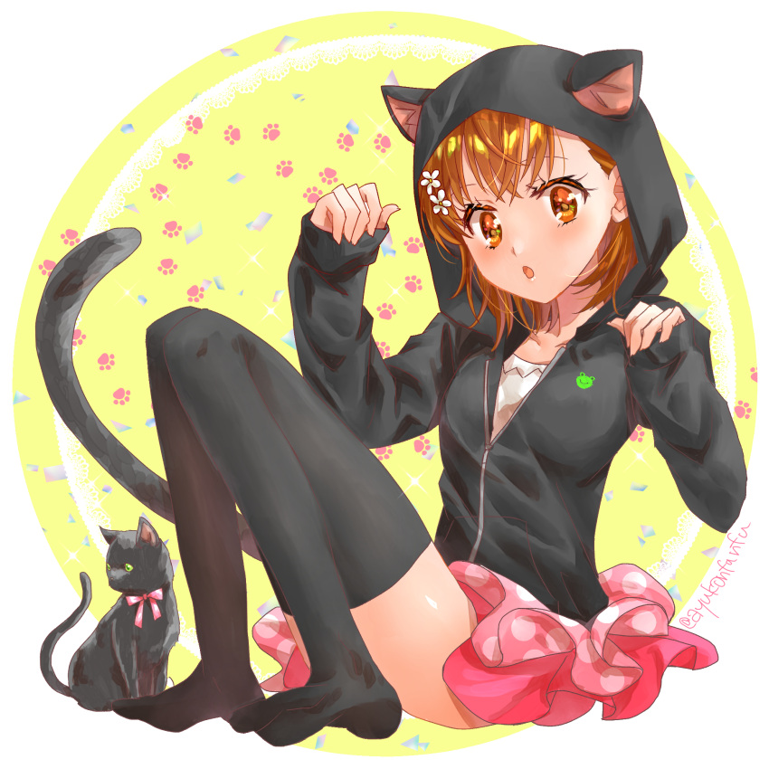 1girl :o animal_ears animal_hood ayuko_(ayuko54bornthisway) bangs black_jacket black_legwear brown_eyes brown_hair cat cat_ears cat_hood cat_tail collarbone fake_animal_ears flower full_body hair_flower hair_ornament highres hood hood_up hooded_jacket jacket layered_skirt long_sleeves miniskirt misaka_mikoto open_mouth pink_skirt shiny shiny_hair shiny_skin short_hair sitting skirt sleeves_past_wrists solo tail thigh-highs toaru_kagaku_no_railgun toaru_majutsu_no_index white_flower