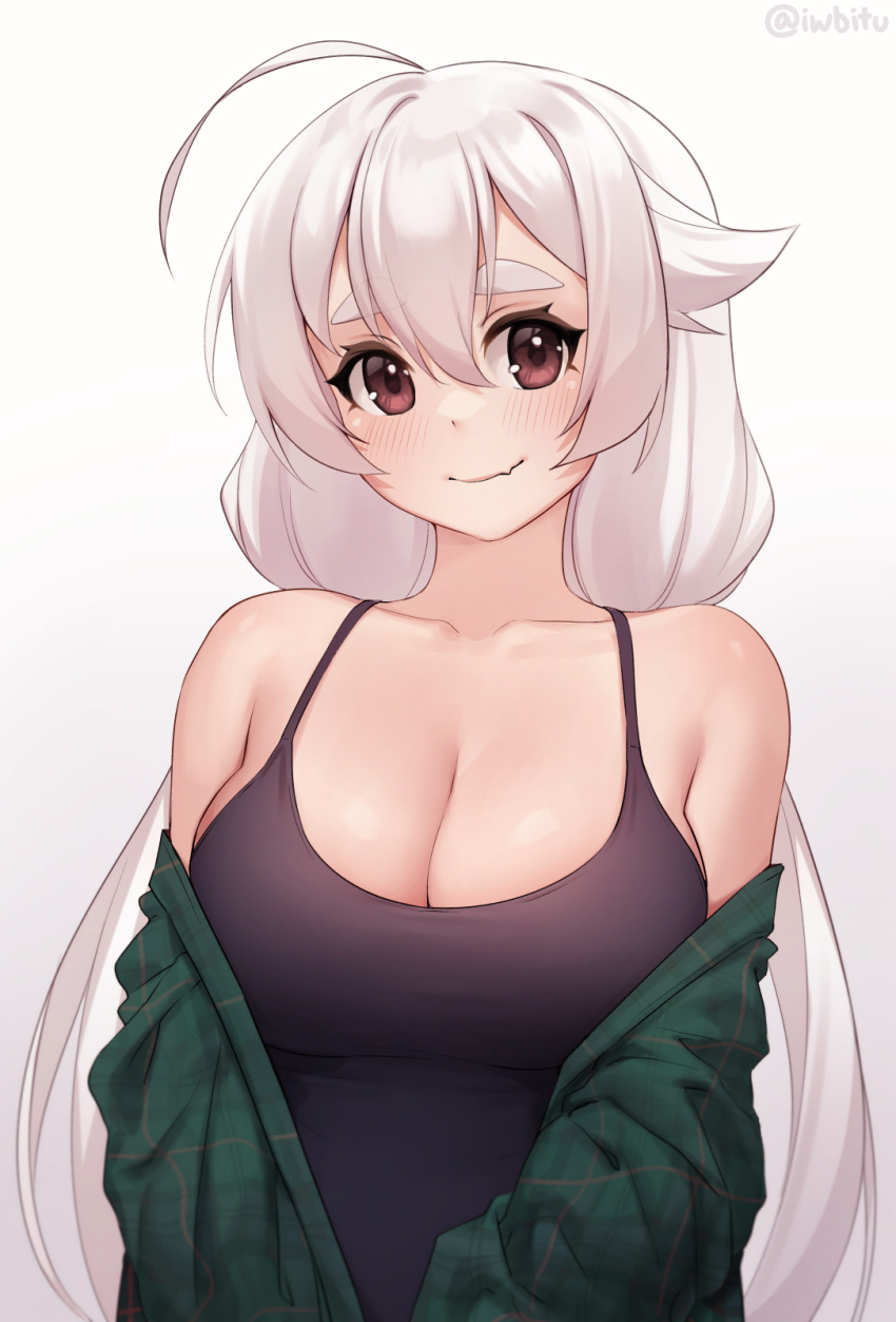 1girl ahoge bangs bare_shoulders black_tank_top breasts brown_eyes collarbone commentary english_commentary fang fang_out gradient gradient_background grey_background hair_between_eyes highres iwbitu large_breasts long_hair looking_at_viewer low_twintails nyopu off_shoulder original simple_background smile solo tank_top thick_eyebrows twintails twitter_username upper_body white_background white_hair
