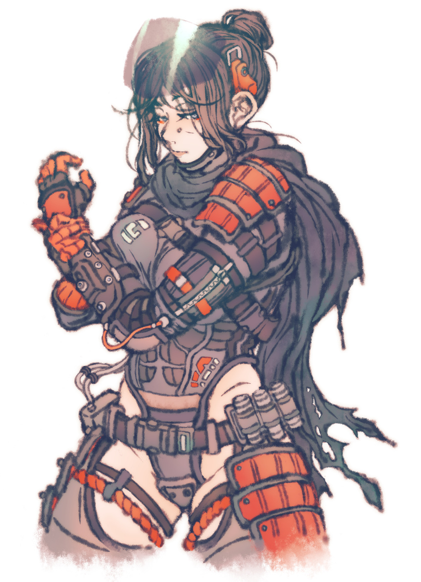 1girl absurdres apex_legends black_hair black_scarf boots breasts cosplay eyeshadow gloves grey_leotard hair_behind_ear hair_bun highres kanzumesabako leotard looking_down looking_to_the_side makeup medium_breasts open_hand pilot_(titanfall_2) pilot_(titanfall_2)_(cosplay) red_eyeshadow red_gloves scarf solo thigh-highs thigh_boots thigh_strap titanfall_(series) titanfall_2 visor wraith_(apex_legends)